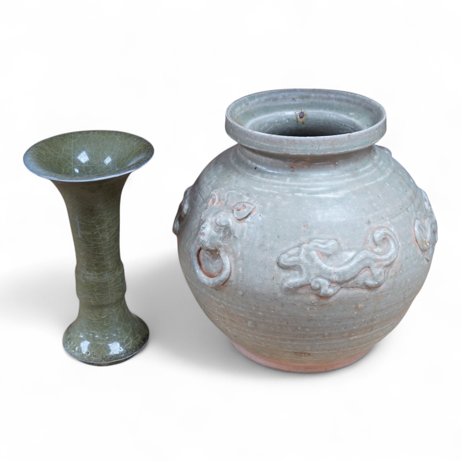 A celadon glazed archaistic Han style vase and Gu vase, largest 21cm high